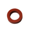 A red rubber ring is sitting on top of the floor.