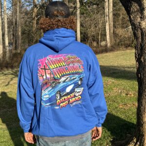 A person wearing a blue hoodie with a car on it.